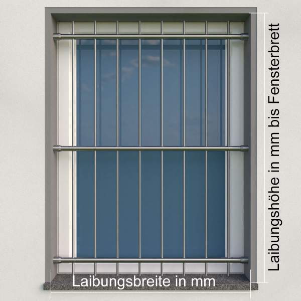 Fenstergitter aus Edelstahl Quadratrohr 30 x 30 mm / Höhe 500 - 900 mm / 2 Gurte